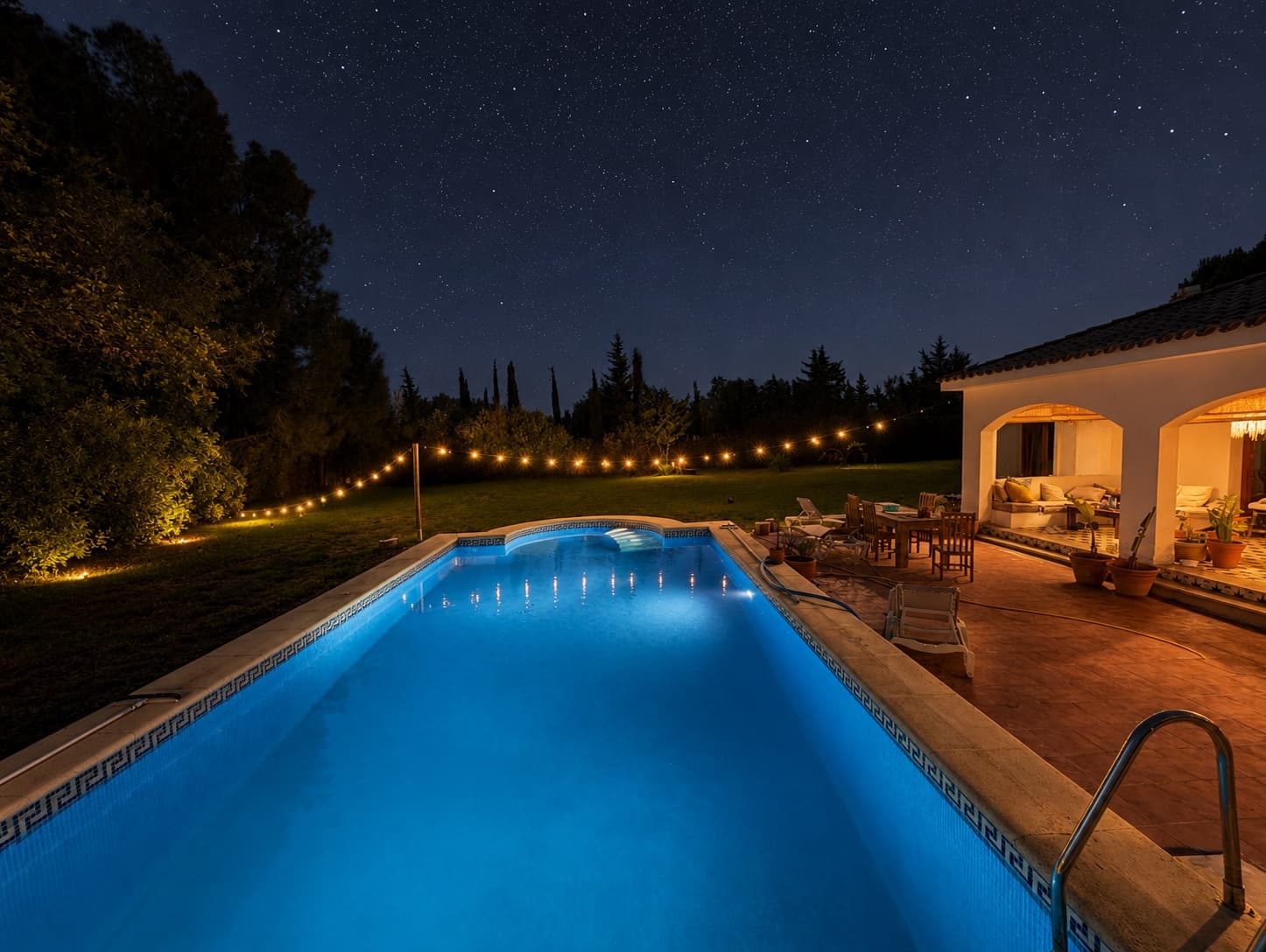 The pool at night under a sky full of stars, string lights glowing along the garden